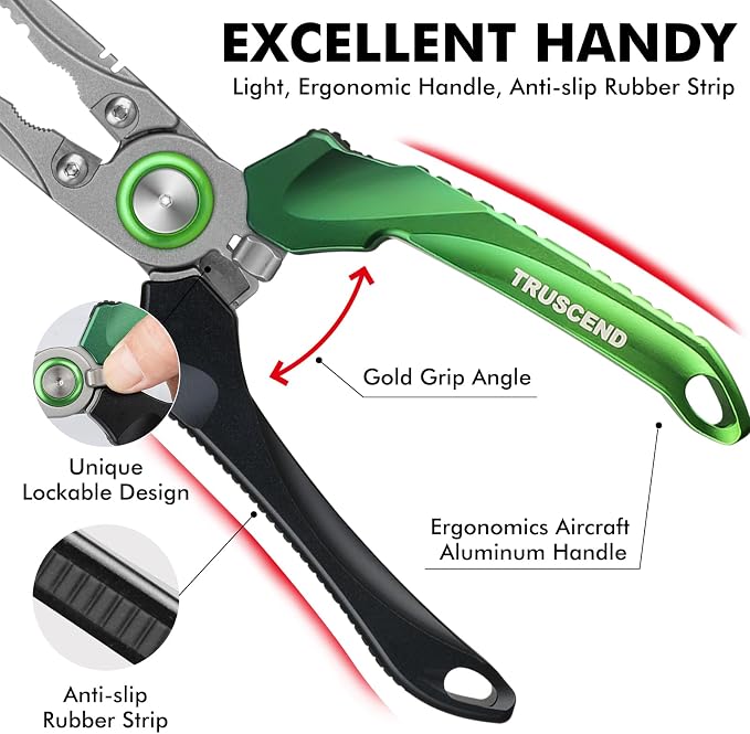 TRUSCEND Easy Use Lockable Fishing Pliers with Tungsten Carbide Cutter, Innovative Ergonomic Handy Handle, Saltwater Corrosion Resistant Teflon Coated Fishing Tool, Light Multi-Function Fishing Gear