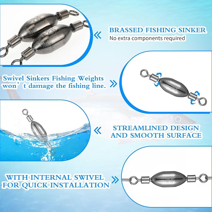 Seenelling 20 Pcs Brass Fishing Sinker Swivel Fishing Weights Saltwater Bullet Sinkers Drop Shot Weight Egg Sinkers with Swivel Rolling Removable Freshwater