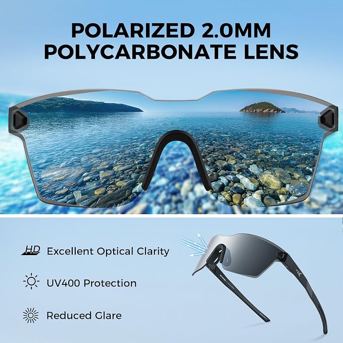 KastKing Tarkio Polarized Fishing Sunglasses, Large Single PC Lenses, Rimless Wrap Design, UV400 Protection Sports Sunglasses
