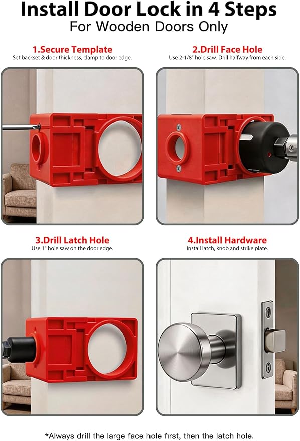 Door Hinge Jig & Lock Hole Drilling Kit – Adjustable Aluminum Router Template for Hinge Mortising (2.5"-5", 1/4"R, 5/8"R, Square Corner) – For 1-3/8" & 1-3/4" Thick Doors