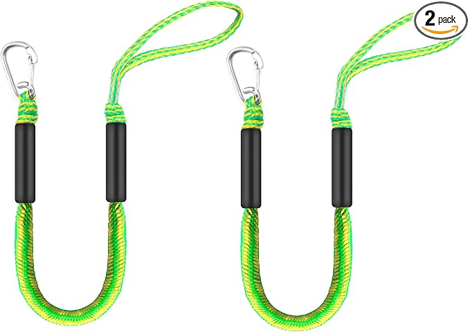 Boat Bungee Dock Lines – Adjustable Boat Tie Downs for Pontoon, Jet Ski, PWC, Kayak | Single Hook Small Cruiser Mooring Lines | (2, Green & Yellow, 3 Feet)
