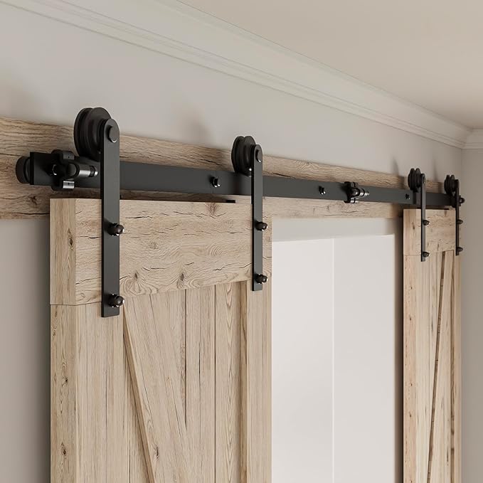CCJH 16FT Sliding Barn Door Hardware Kit, Heavy Duty, Smoothly and Silently, Easy to Install, Fit 48" Width Double Door Panel, I Shaped Hangers Black