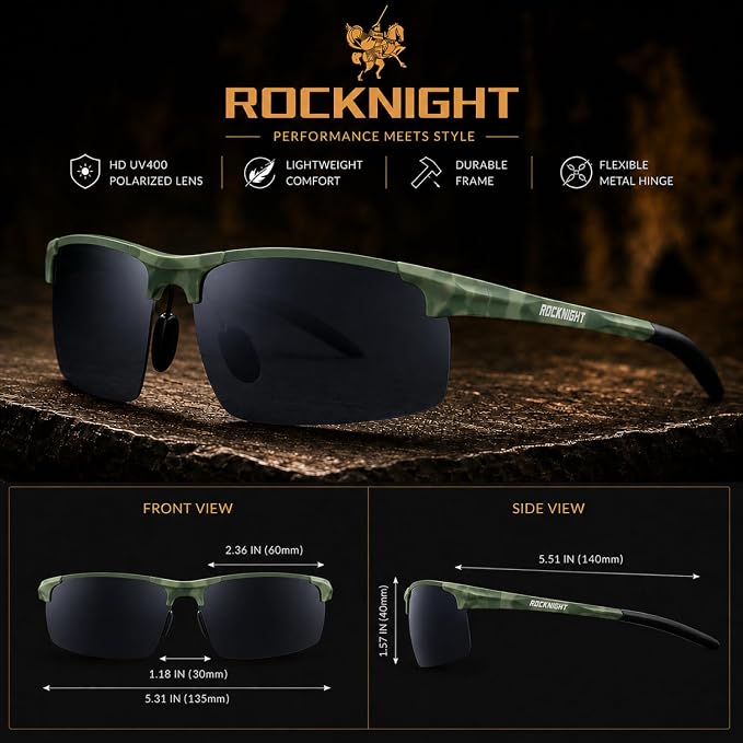 ROCKNIGHT Polarized Rectangular Sunglasses for Men Driving UV400 Protection Lightweight Al‑Mg Frame