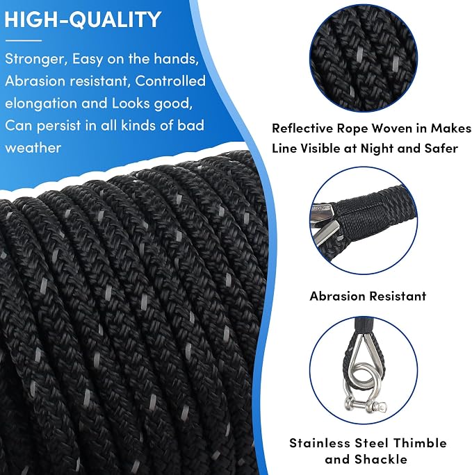 Anchor Rope 100 ft x 3/8 inch Black, Double Braided Anchor Line with Stainless Steel Thimble & Shackle, Boat Rope with Reflective Strip Ideal for Towing,Mooring,Anchoring,for Boats Up to 27'