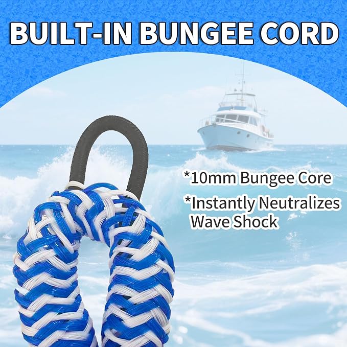 2-Pack Bungee Dock Lines for Boats with Loops, Boat Tie Downs for Docking, Adjustable Boat Mooring Rope for Pontoon, Jon Boat & PWC (Blue & White Waves, 4 FT)