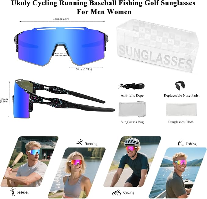 Ukoly Cycling Sunglasses for Men Women with 3 Interchangeable Lenses, Polarized Sports Sunglasses, Baseball Sunglasses