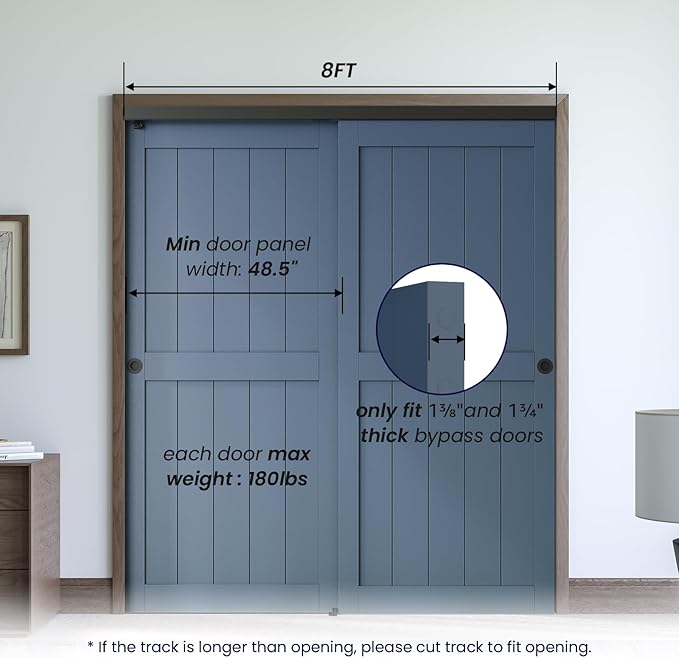 SMARTSTANDARD 96"/8FT Ceiling Mount Bypass Sliding Door Hardware Kit for Cabinet Closet, Double Pocket Doors Hardware with Finger Pull, Smoothly and Quietly, Fit 45.5" Wide Door Panel, No Door, Black