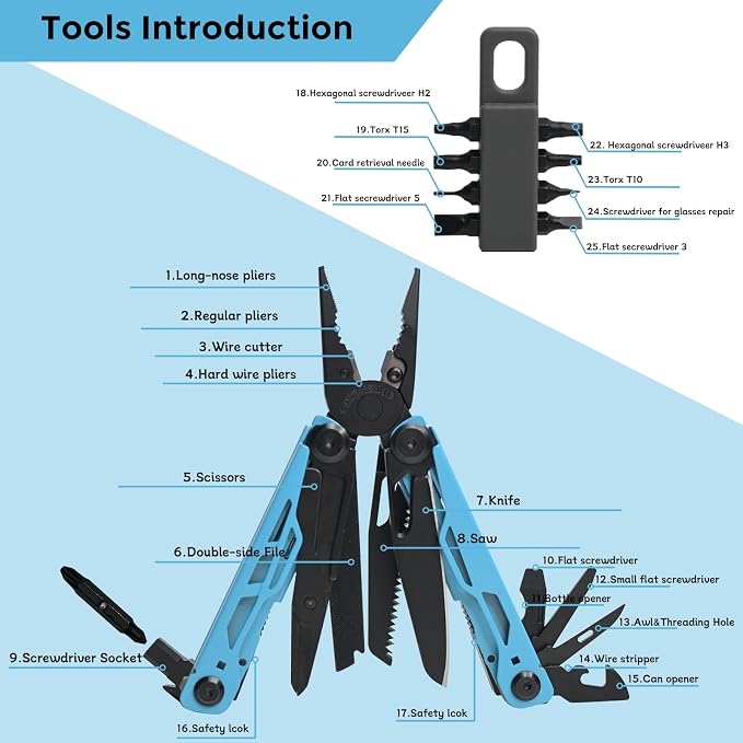 Multitool with Pocket Knife, 25-in-1 Stainless Steel Pliers and Screwdriver, Self-locking Multi-tool EDC Gear with Sheath, Suitable for Camping and Hiking (Powderblue)
