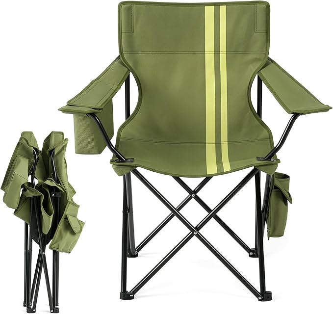Outvita Heavy Duty Camping Chair with Insulated Cooler, 350LBS Folding Portable Chair with Cup Holder, Side & Back Pockets, Outdoor Foldable Chair for Camping Fishing Tailgating Beach