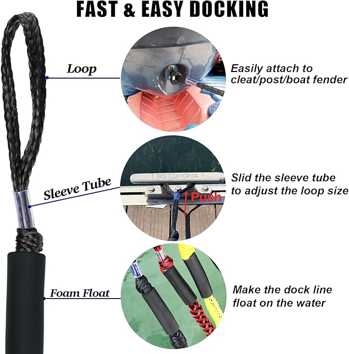2FT Bungee Dock Line Boat Accessories 2pcs Fender Lines with 316 Stainless Clip for Boat Bumper/Boat Fender for Mooring for Jet Ski, Seadoo, Yamaha (Black, 2Feet)