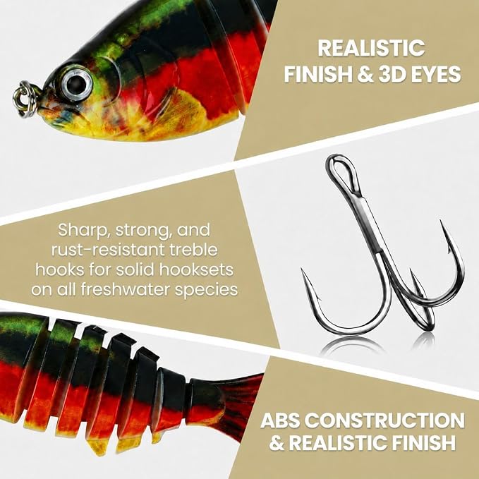 Multi Jointed Swimbait Hard Lure, 3.7in Slow Sinking Fishing Lures with Realistic S-Shaped Swimming Action, Built-in Gravity Transfer System & #6 Treble Hooks for Bass, Trout, Pike, Topwater Lure