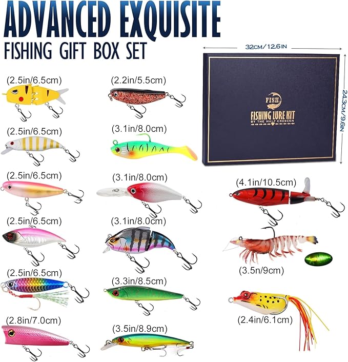 Fishing Lures Kit for Men, 15PCS Bass Fishing Lures Gift Set with Premium Gift Box, Hard & Soft Baits for Bass Trout Pike Salmon, Freshwater & Saltwater Fishing Gear Gifts