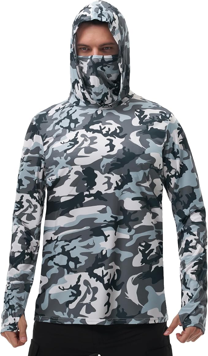 FISHEAL Men's Performance Fishing Hoodie Shirt - UPF 50+ Sun Protection Long Sleeve Thumbholes Shirts with Neck Gaiter