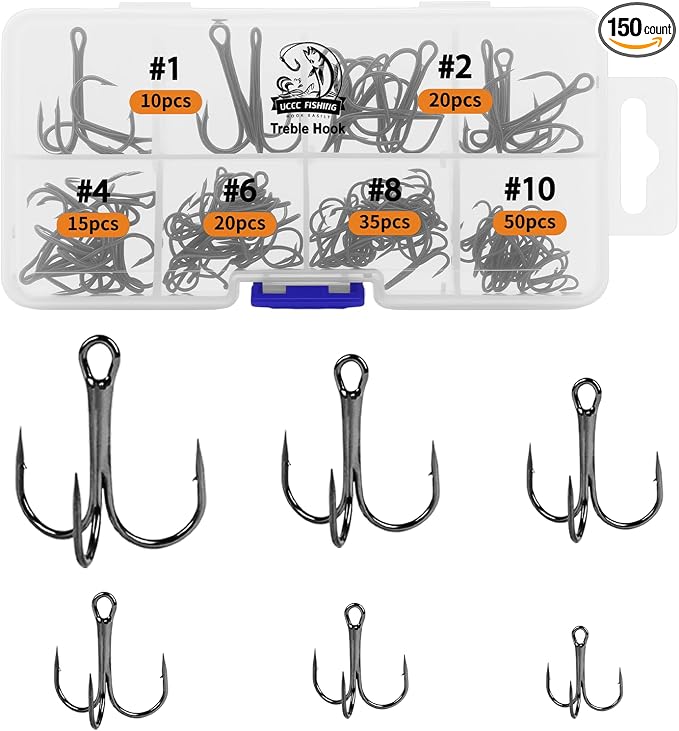 UCEC Fishing Hooks Treble Hooks Kit for Saltwater Freshwater, High Carbon Steel Strong Sharp Round Bend for Catfish Trout Hard Baits Lures, Size #1#2#4#6#8#10#12#14 110/50/210 Pack with Split Rings