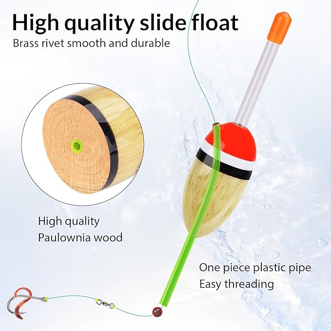 QualyQualy Lighted Fishing Slip Bobber 4-5Pcs Wood/EVA Fish Float + 8-10Pcs Glow Sticks, Night Fishing Light Up Slip Bobber for Crappie Bass Panfish Catfish Walleye