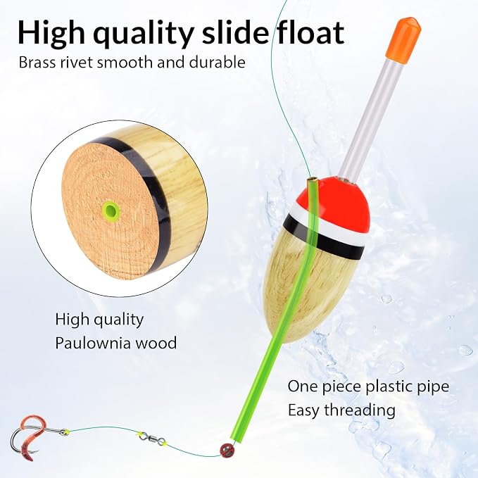QualyQualy Lighted Fishing Slip Bobber 4-5Pcs Wood/EVA Fish Float + 8-10Pcs Glow Sticks, Night Fishing Light Up Slip Bobber for Crappie Bass Panfish Catfish Walleye