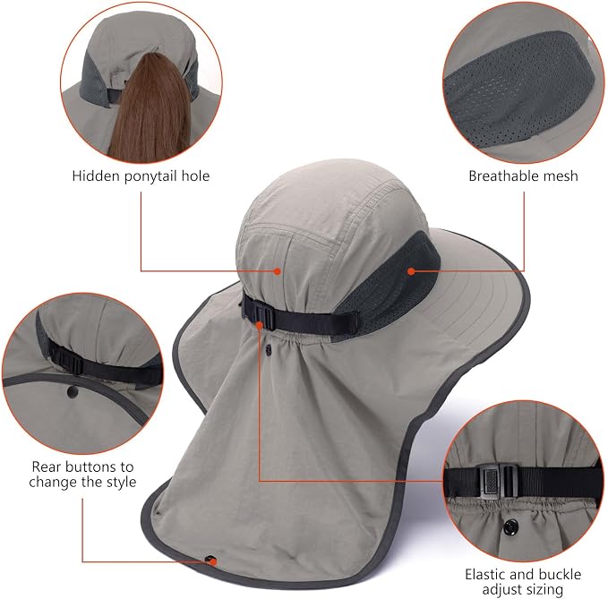 BASSDASH UPF 50+ Unisex Water Resistant Wide Brim Sun Hat with Large Neck Flap Ponytail Fishing Hat for Men Women