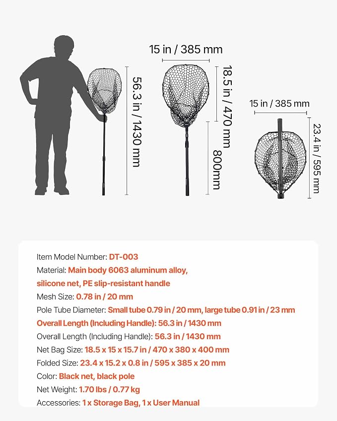VEVOR Fishing Net, Landing Nets with Telescopic Handle Lightweight and Stronger Fish Gear, Durable and Fish-Friendly, for Kayak, Boat, Bank, Pond