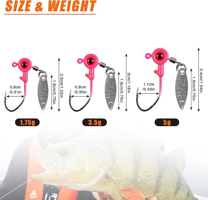 Crappie Jig Heads Fishing Lures Kit, 15pcs Underspin Jig Heads with Spinner Blade Crappie Lures Eye Ball Head Painted Fishing Jigs for Bass, Trout, Panfish, Sunfish