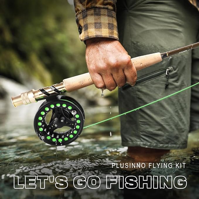 PLUSINNO Fly Fishing Rod and Reel Combo, 4 Piece Lightweight Ultra-Portable Graphite Fly Rod 5/6 Complete Starter Package with Carrier Bag