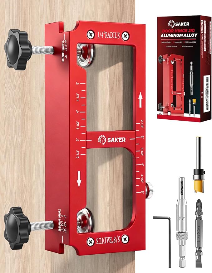 Saker Door Hinge Jig,Adjustable Door Jamb Hinge Jig,Aluminum Alloy Doors Hinges Router Jigs,Fits Door Hinges from 2.5" to 5" Length and Thicknesses,Radius 1/4” or Radius 5/8”