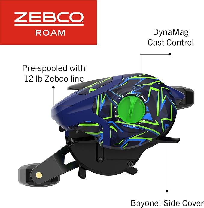 Zebco Roam Baitcast Reel and Fishing Rod Combo, 6-Foot 6-Inch 2-Piece Fiberglass Rod with Split-Grip MaxTac Rod Handle, Lightweight Graphite Frame
