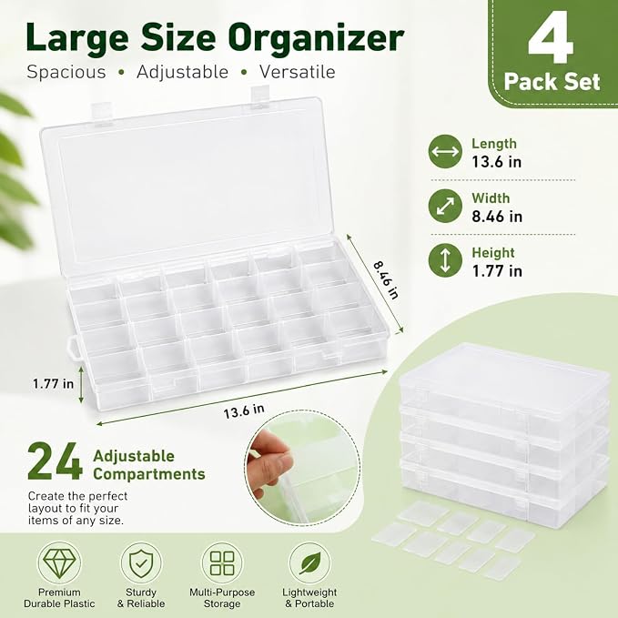 APACALI 4 Pack Large Clear Organizer Box with Dividers, 24 Adjustable Compartments Storage Case for Beads, Crafts, Fishing Lures & Small Parts