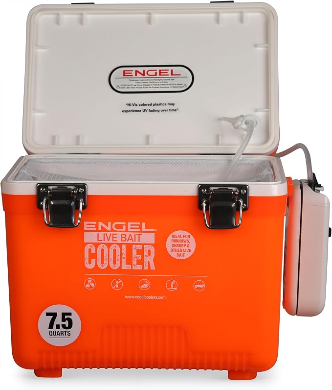 Engel Live Bait Cooler Box with 2nd Gen 2-Speed Aerator Pump - Portable Fishing Station & Minnow Bucket for Shrimp & Other Live Fish with Aerator - ENGLBC-N