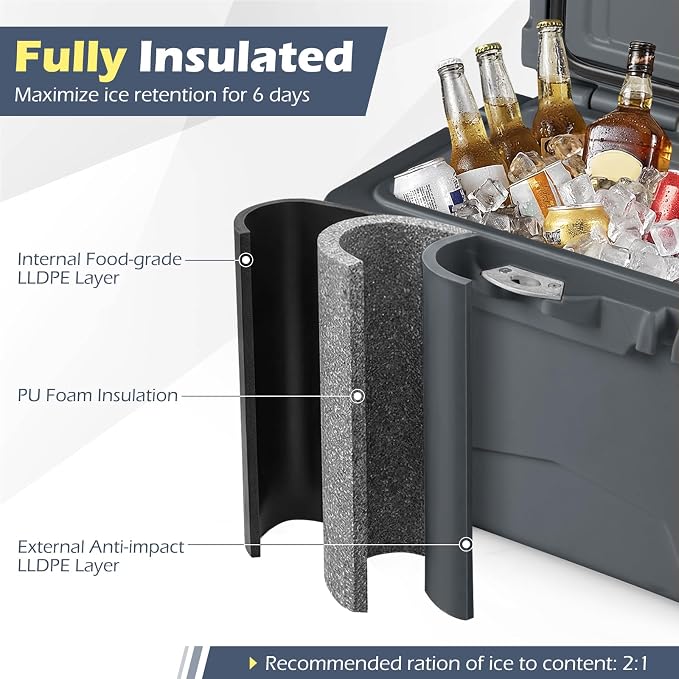 Goplus Hard Cooler, Insulated Ice Chest w/Portable Handles, Cup Holders, Ruler, Bottle Opener, 6 Day Ice Retention for Drink, Beverage, Camping, Fishing, Beach