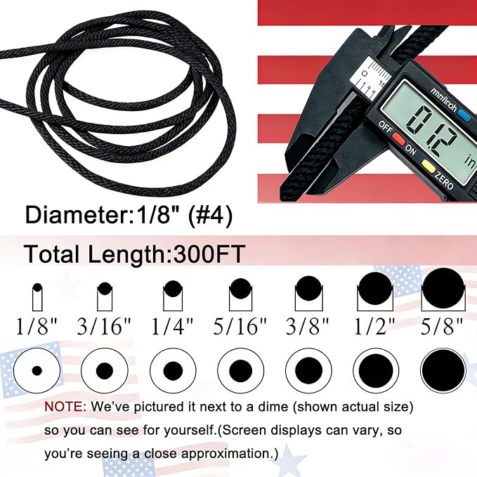 Black UV Resistant Polyester Rope 1/8in 300ft Braided Cord Marine Camping | Outdoor, Clothesline, Flag Line, Boating, Hiking