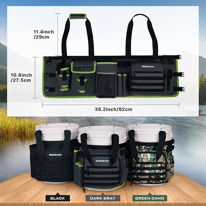 Boomistry Fishing Bucket Organizer for 5 Gallon Bucket Accessories, Fishing Tackle Bag with Adjustable Buckle, Fishing Rod Bag with 15 Multi-Pockets for Fishing Gear and Equipment (Dark Gray)