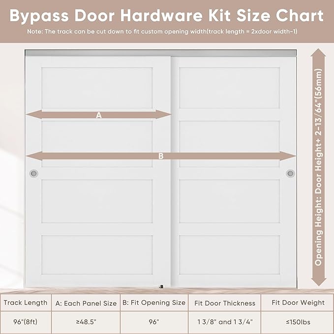 JUBEST 8FT/96 Heavy Duty Bypass Door Hardware with Soft Close Mechanism, Sliding Closet Door Hardware Set for 2 Door System, Smoothly and Quietly, Fit Door Thickness 1 3/8" or 1 3/4", Easy to Install