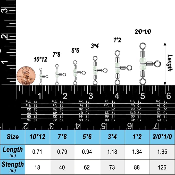 Dr.Fish 20 Pack 3-Way Fishing Swivels with Glow Beads Barrel Swivels Fishing Tackle T Shape Stainless Steel Three Way Catfish Rig
