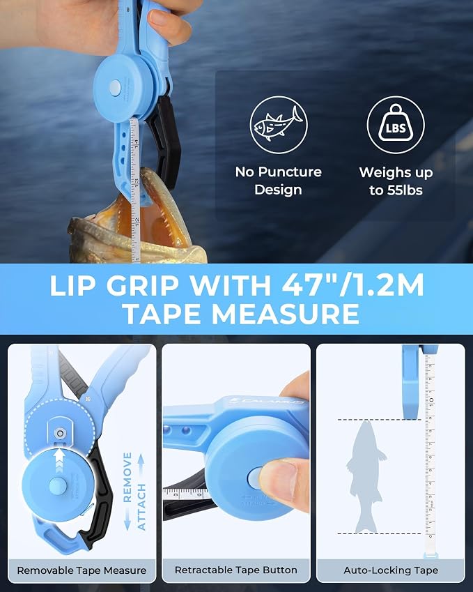 Calamus DriftWave Fishing Tool Kit – Corrosion Resistant Pliers, Lip Gripper with Soft Retractable Measuring Tape, Filet Knife, Pocket Knife，Fishing Scale, Retractor & Glove, Fishing Gifts for Men