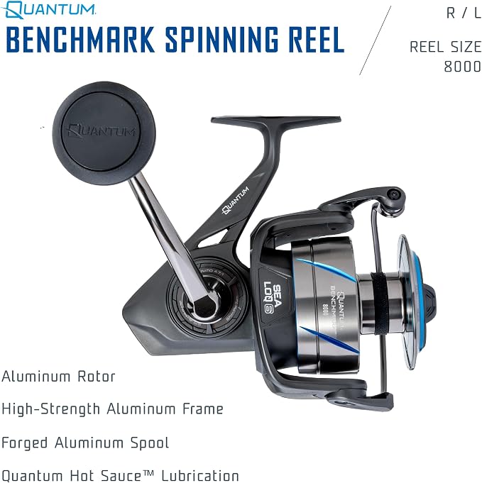 Quantum Benchmark Spinning Fishing Reel, 5+1 Bearings, Aluminum Frame, SEALOQ 6 Protection, GEARTEQ Machined Gears, CFX200 Carbon Fiber Drag, Silver/Blue