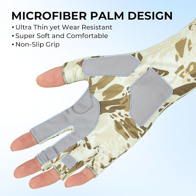 KastKing Agies Fishing Gloves Men, UPF 50+ Sun Gloves UV Protection, Cooling Quick-Dry 3/4 Fingerless Gloves with Extended Cuff, Microfiber Palm & Pull Tabs, for Fishing, Kayaking, Hiking, Hunting