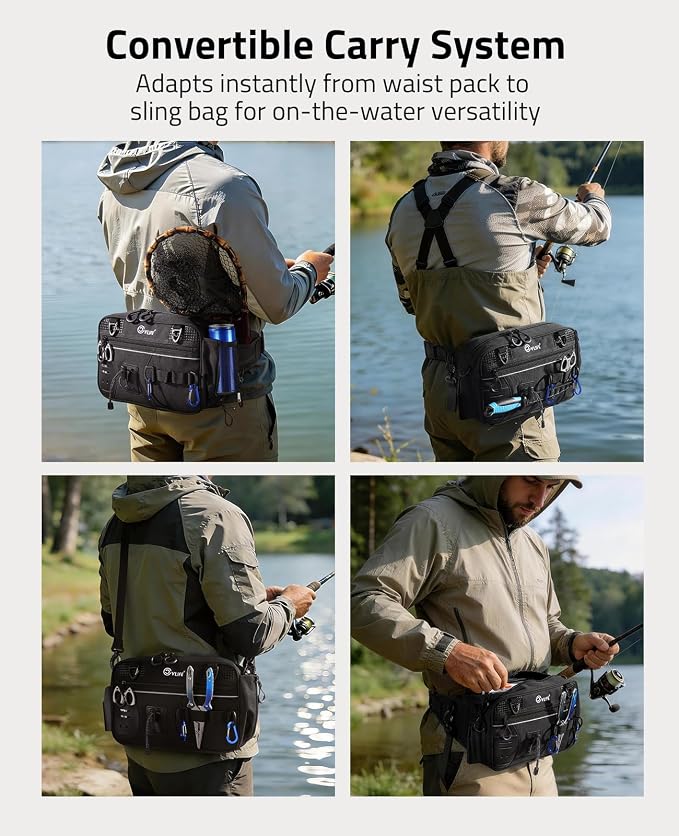 CVLIFE Fishing Tackle Bag Waist Pack with Rod Holder, Water Resistant Fanny Pack Includes 3600 Tackle Box, Waterproof Pouch & Carabiners, Convertible Sling Bag with Net Holster for Gear