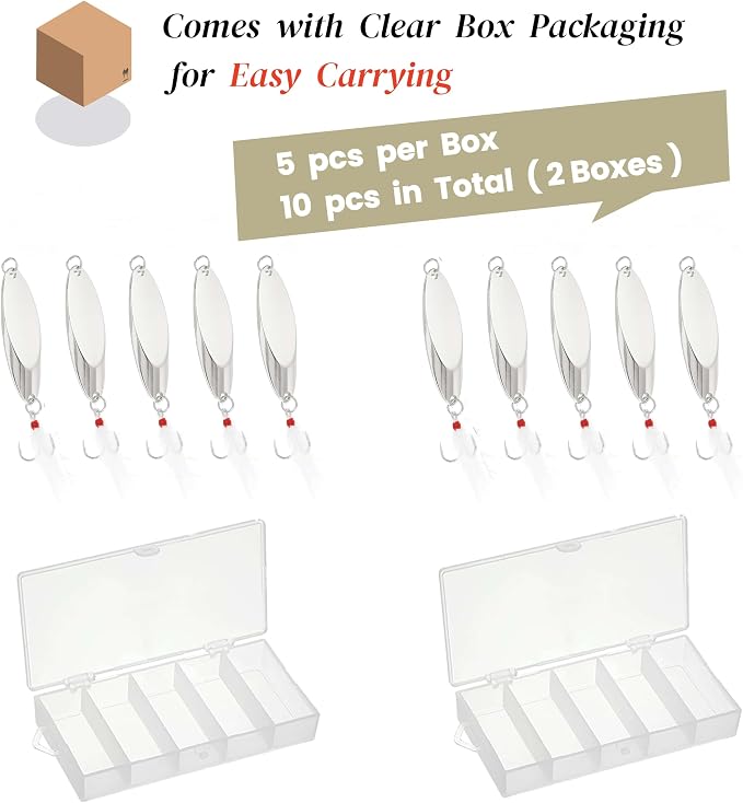 Fishing Spoons Fishing Lures Hard Metal Spinner Baits Reflective Casting Spoon Treble Hooks Jigs for Freshwater Saltwater，10 PCS with Box