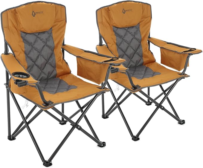 ARROWHEAD OUTDOOR 2-Pack Portable Deluxe Folding Camp Quad Chair w/Headrest, Glass & Cup Holders, Armest 6-can Cooler, Heavy Duty Carry Bag, 550 lbs Weight Capacity