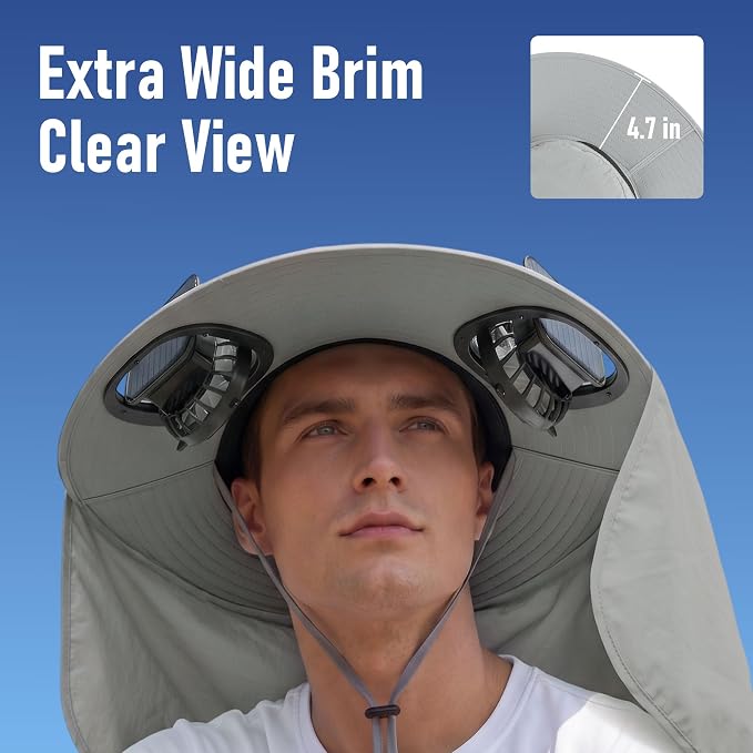 2 in 1 Wide Brim Sun Hat with 2 Solar Fans Sunshade UPF 50+ Garden Outdoor Fishing Beach Essential