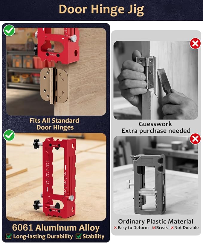 Door Hinge Jig Tool for Router, Adjustable Aluminum Alloy Mortise Jig Fits Door Hinges 2.5" -5", Door Hinge Template Installation Kit, 1/4" & 5/8" Radius and Square Corners (red)