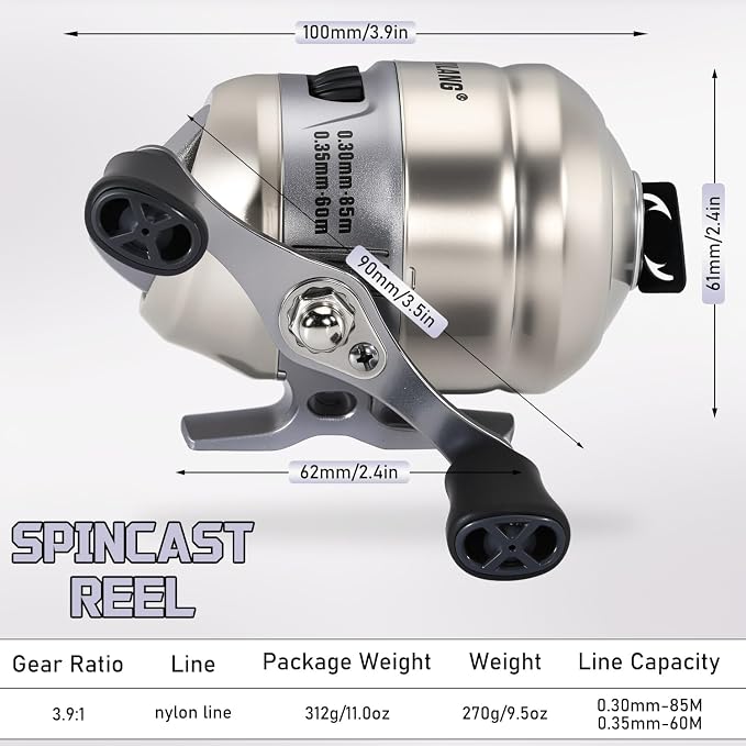Sougayilang Spincast Fishing Reel, Size 30 Reel, Right or Left-Hand Retrieve, 3.9:1 Gear Ratio, Pre-spooled with Mono Fishing Line