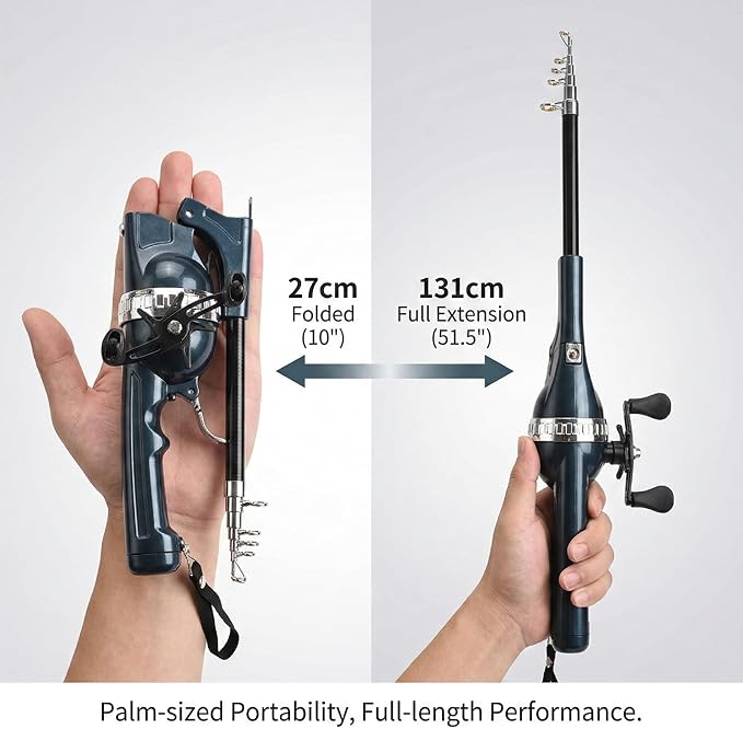 Telescopic Fishing Rod and Reel Combo for Adults & Beginner | Integrated Anti-Tangle Spincast Reel, Pre-Spooled Line, Foldable Pocket Fishing Pole, Compact Travel Gear for Camping, Hiking
