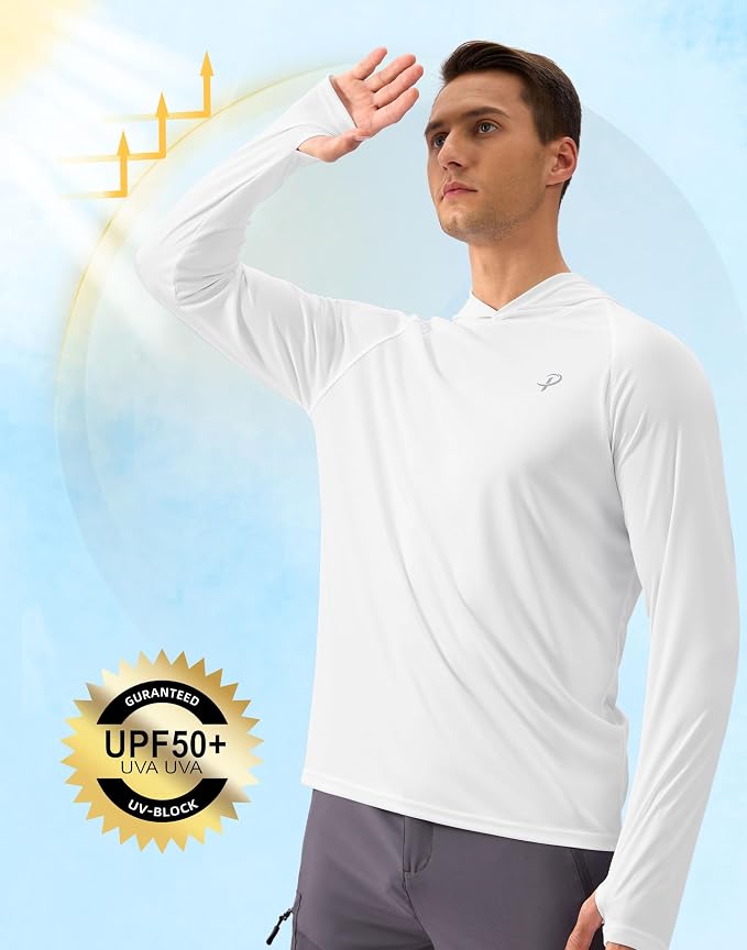 Pudolla Men's Sun Protection Hoodie Shirts UPF 50+ Rash Guard SPF Long Sleeve Fishing Shirt for Men Swim Hiking Boating