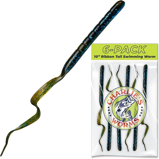 Charlie's Worms 10" Ribbon Tail Soft Plastic Worms for Bass Fishing, Freshwater & Saltwater Lures, Scented Swim Bait, Texas Rigged, Weedless, Large & Smallmouth, White Firetail, 6-Pack