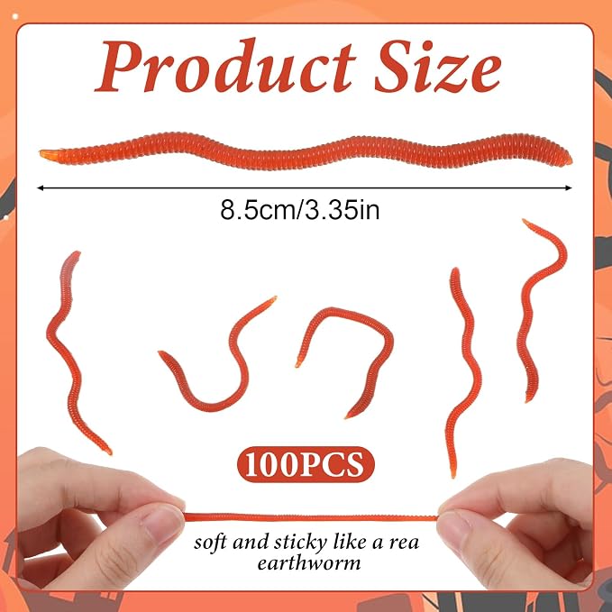 100 Pcs Fake Worms Soft Lure Trout Worm Earthworm 3.35 in Faux Lifelike Stretchy Rubber Earthworms Trick Toy Fishing Lures Baits for Halloween Sensory Bin April Fool's Day Party