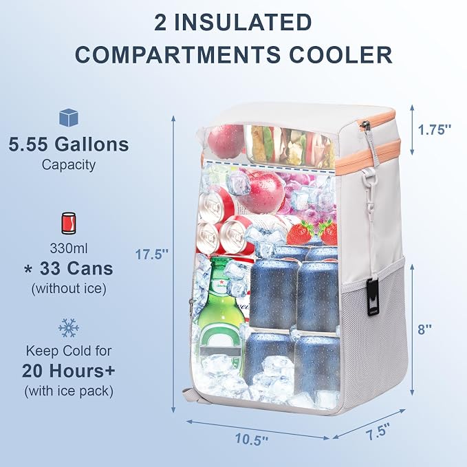 SPARTER Backpack Cooler Insulated Leak Proof 33/49 Cans, 2 Insulated Compartments Thermal Bag, Portable Lightweight Beach Travel Camping Lunch Backpack for Men and Women