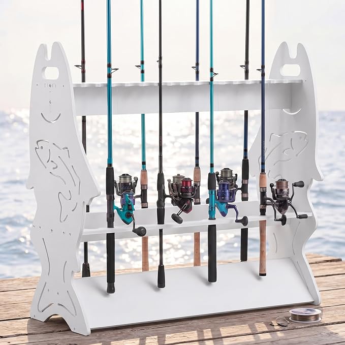 Fishing Rod Rack for 24 Rods, 3 Tier Detachable Design Fishing Pole Holder, Waterproof Outdoor Marlin Rods Organizer for Garage, Boat Dock, Tackle Shop & Boathouse, Gifts for Fishermen, Father's Day