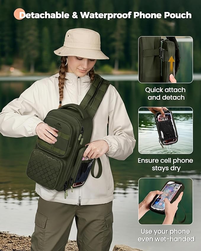MATEIN Fishing Sling Bag with Lure Rod Holder & Phone Pouch, Waterproof 3600 Tackle Box Backpack with Removable Bait Binder