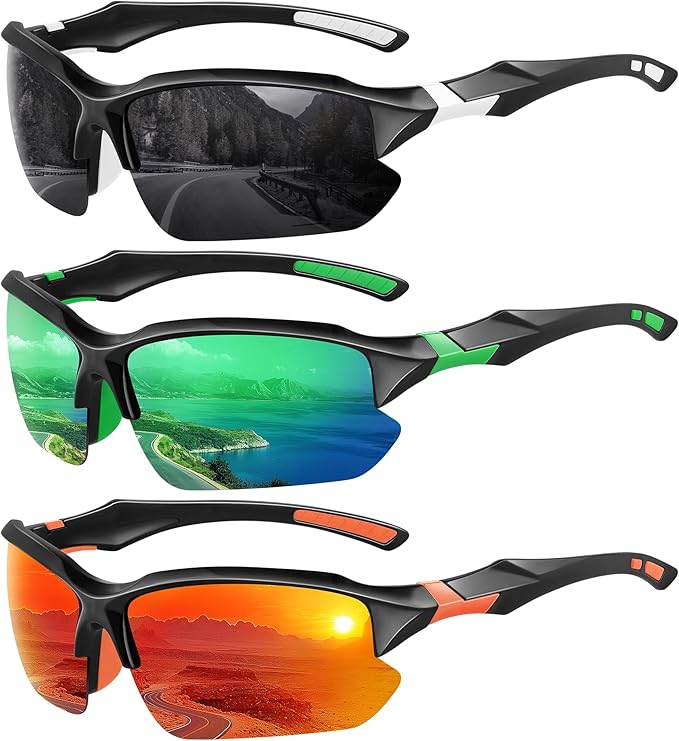 XVXV 3 Pack Polarized Sports Sunglasses for Men, UV Protection Half Frame Sunglasses Comfortable for Running Cycling Driving